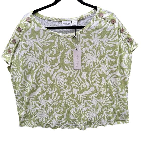 NWT Rachel Zoe Womens 1X Linen Blend Green Floral Faux Button Short Sleeve Tee - Picture 1 of 5